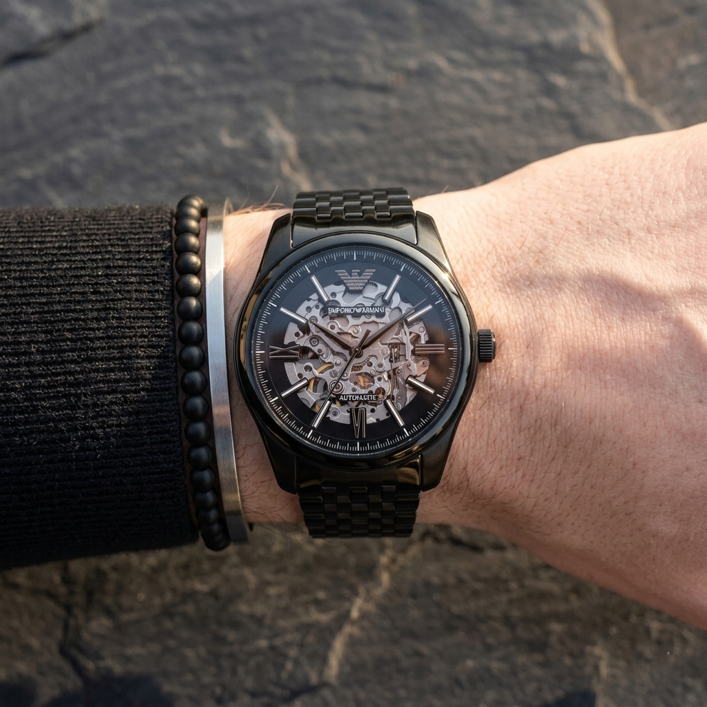 Emporio Armani Antonio AR60093 43mm Men's Automatic Watch – Black Skeleton & Black Stainless Steel Bracelet