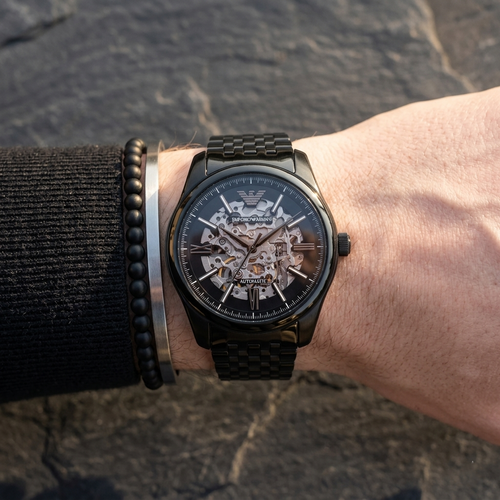 Emporio Armani Antonio AR60093 43mm Men's Automatic Watch – Black Skeleton & Black Stainless Steel Bracelet