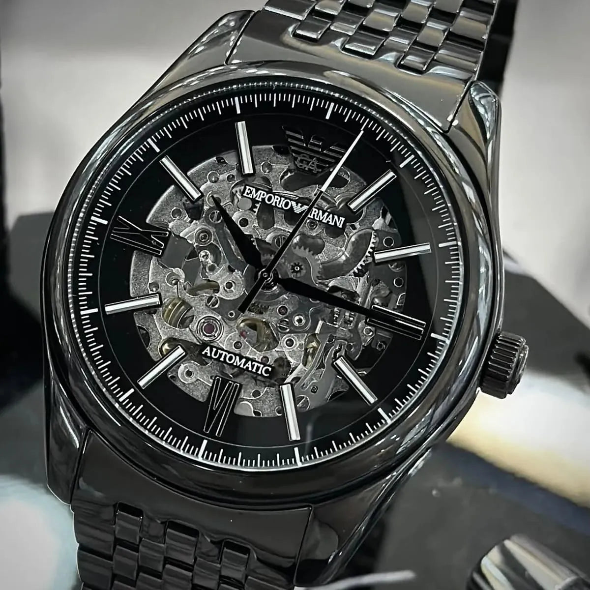Emporio Armani Antonio AR60093 43mm Men's Automatic Watch – Black Skeleton & Black Stainless Steel Bracelet