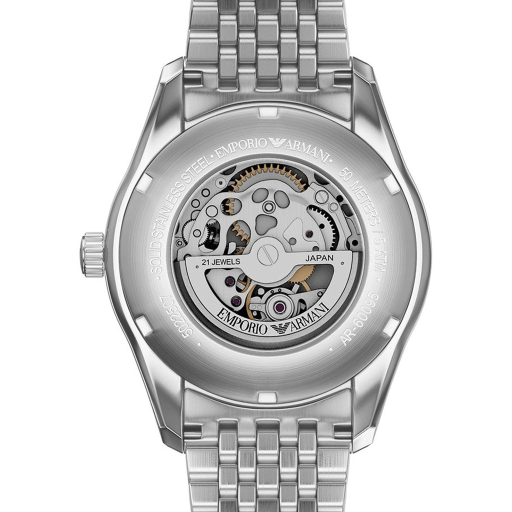 Emporio Armani Antonio AR60095 43mm Men's Automatic Watch – Beige Skeleton & Silver Stainless Steel Bracelet