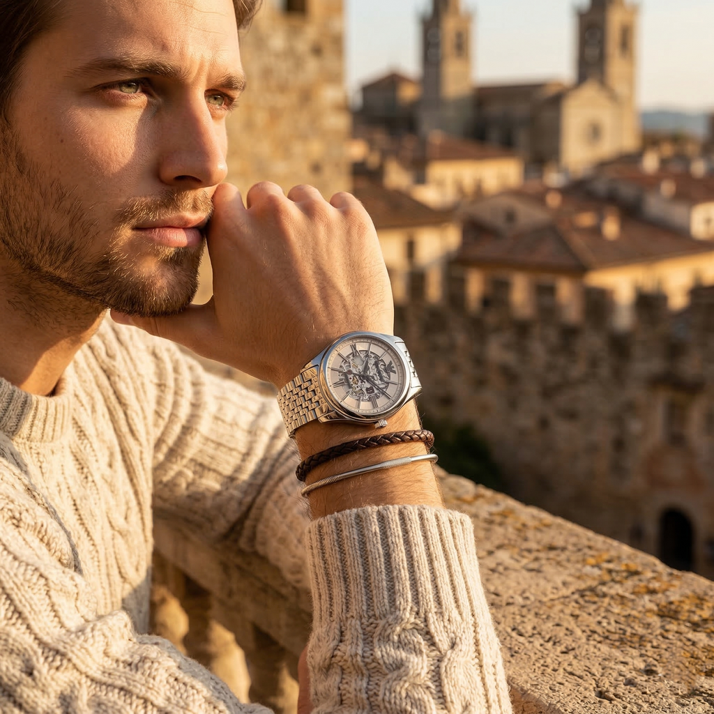 Emporio Armani Antonio AR60095 43mm Men's Automatic Watch – Beige Skeleton & Silver Stainless Steel Bracelet