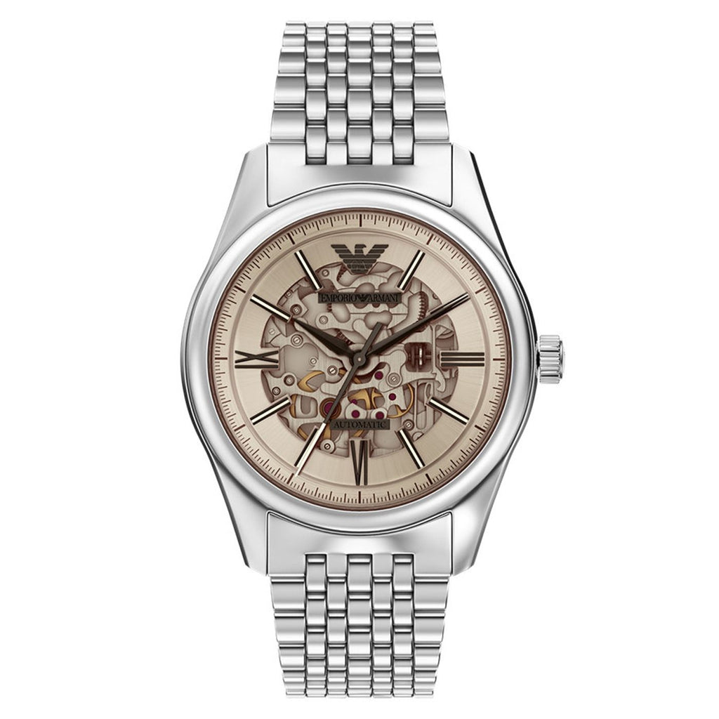 Emporio Armani Antonio AR60095 43mm Men's Automatic Watch – Beige Skeleton & Silver Stainless Steel Bracelet