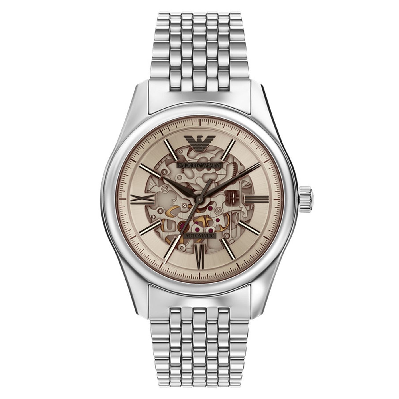 Emporio Armani Antonio AR60095 43mm Men's Automatic Watch – Beige Skeleton & Silver Stainless Steel Bracelet