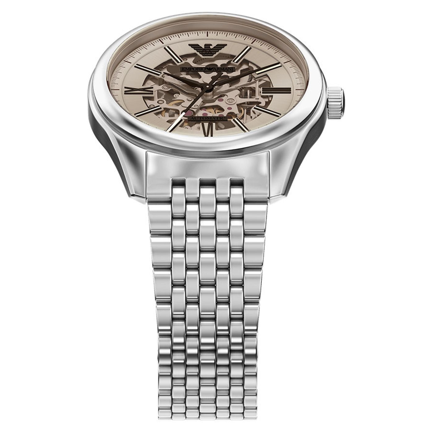 Emporio Armani Antonio AR60095 43mm Men's Automatic Watch – Beige Skeleton & Silver Stainless Steel Bracelet