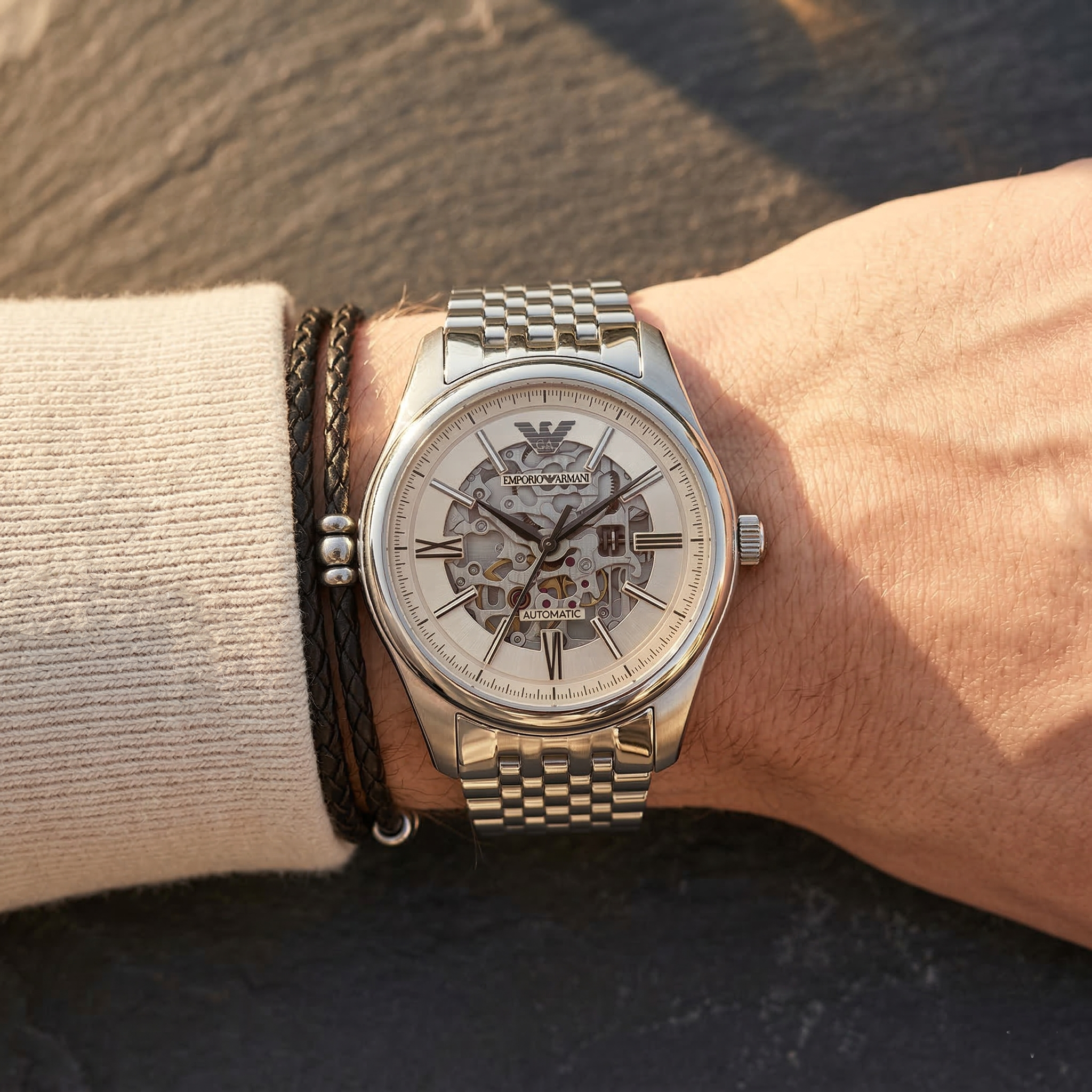 Emporio Armani Antonio AR60095 43mm Men's Automatic Watch – Beige Skeleton & Silver Stainless Steel Bracelet