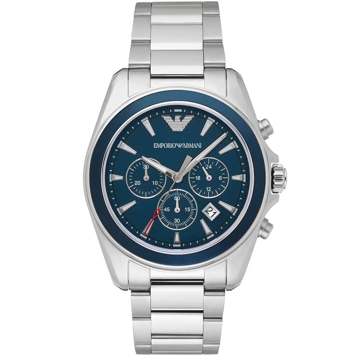 Emporio Armani Tazio AR6091 Men's Chronograph Watch – Navy Blue & Silver Stainless Steel Bracelet