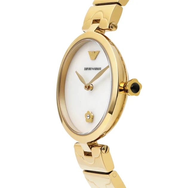Emporio Armani Gianni T-Bar AR11198 32mm Women's Quartz Watch – Mother-of-Pearl Crystal-Set & Silver Stainless Steel Mesh Bracelet