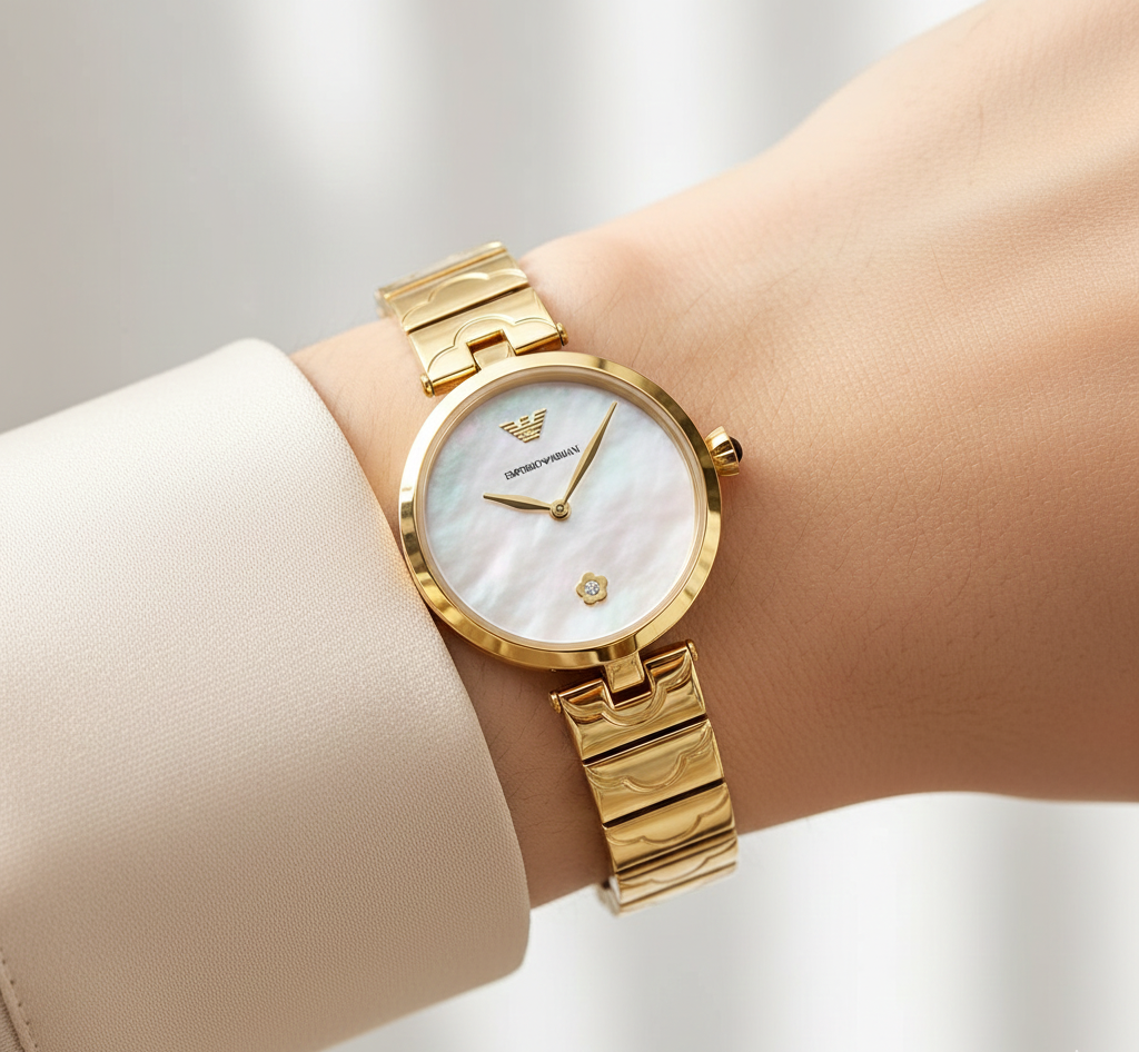 Emporio Armani Gianni T-Bar AR11198 32mm Women's Quartz Watch – Mother-of-Pearl Crystal-Set & Silver Stainless Steel Mesh Bracelet