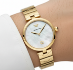 Emporio Armani Gianni T-Bar AR11198 32mm Women's Quartz Watch – Mother-of-Pearl Crystal-Set & Silver Stainless Steel Mesh Bracelet