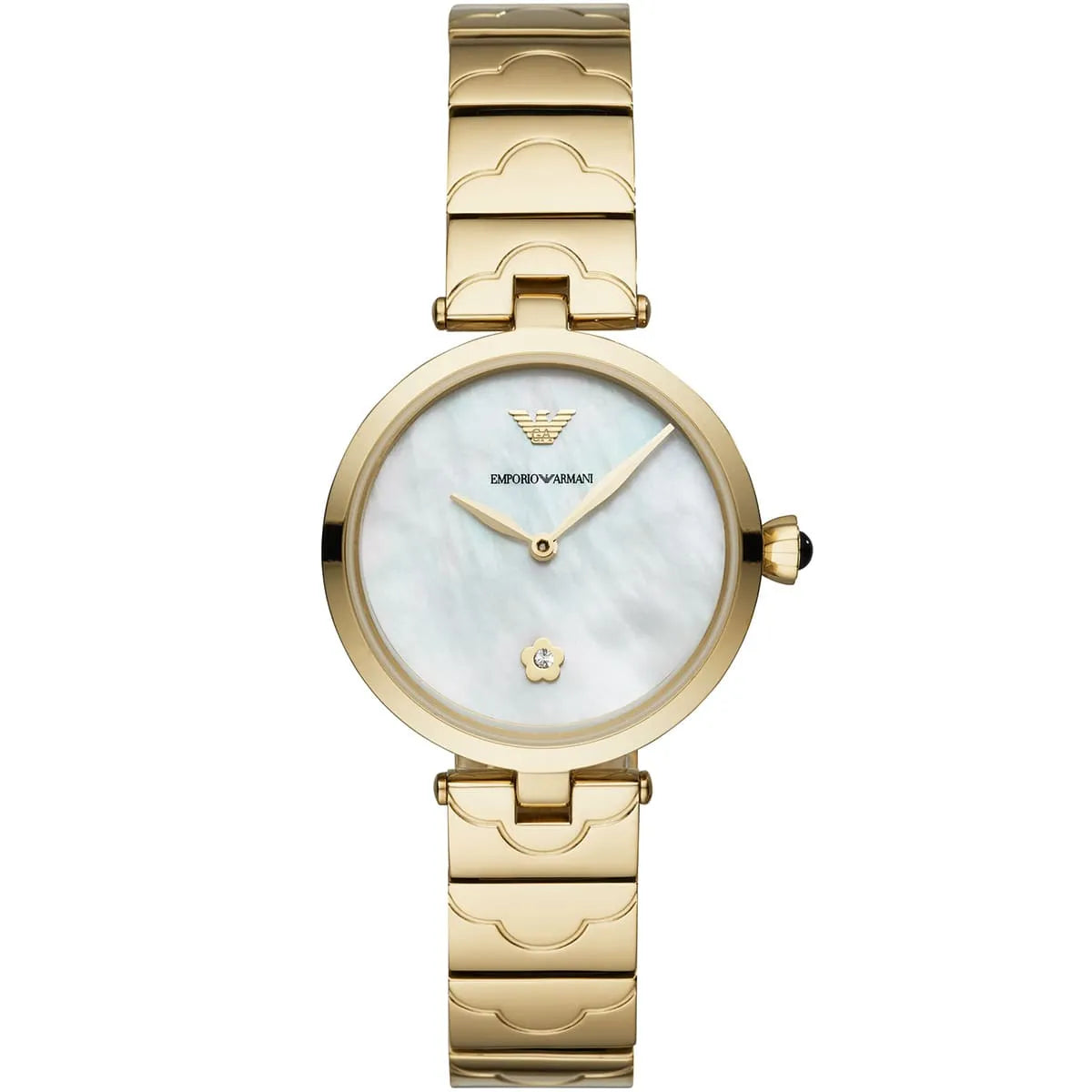Emporio Armani Gianni T-Bar AR11198 32mm Women's Quartz Watch – Mother-of-Pearl Crystal-Set & Silver Stainless Steel Mesh Bracelet