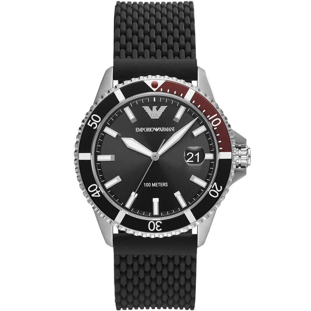 Emporio Armani Diver AR11341 43mm Men's Chronograph Watch – Black & Silver Stainless Steel Bracelet