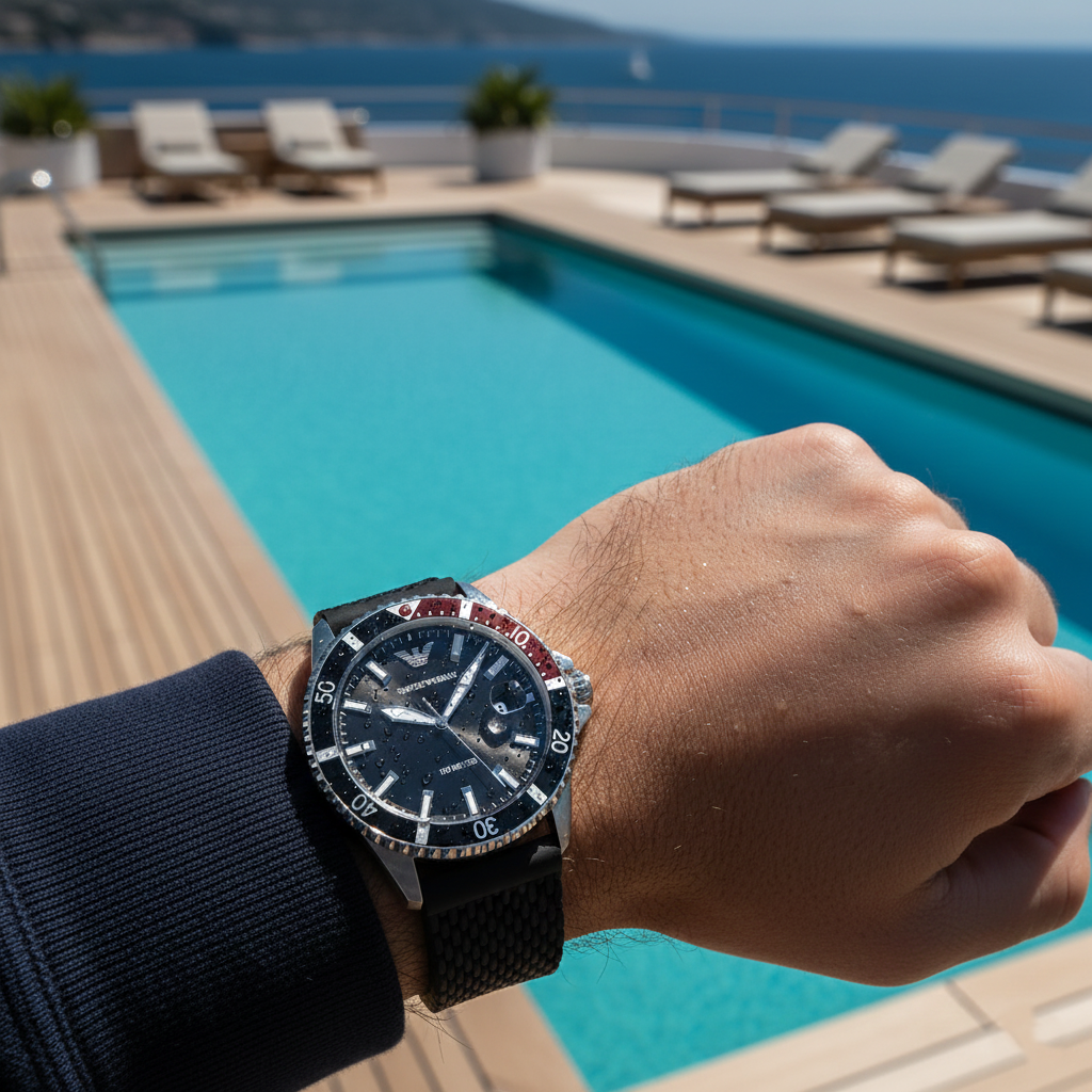 Emporio Armani Diver AR11341 43mm Men's Chronograph Watch – Black & Silver Stainless Steel Bracelet