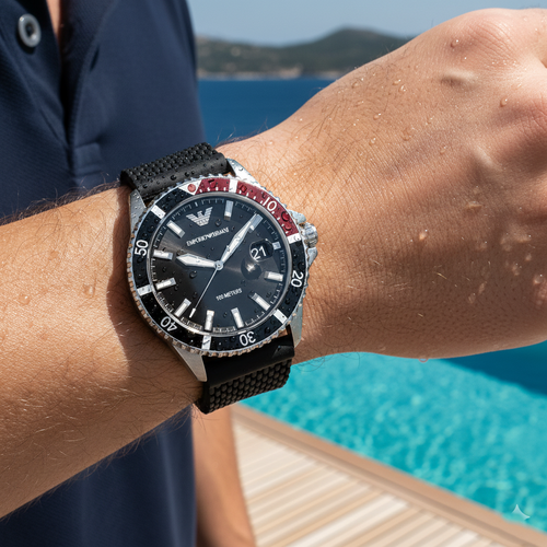 Emporio Armani Diver AR11341 43mm Men's Chronograph Watch – Black & Silver Stainless Steel Bracelet