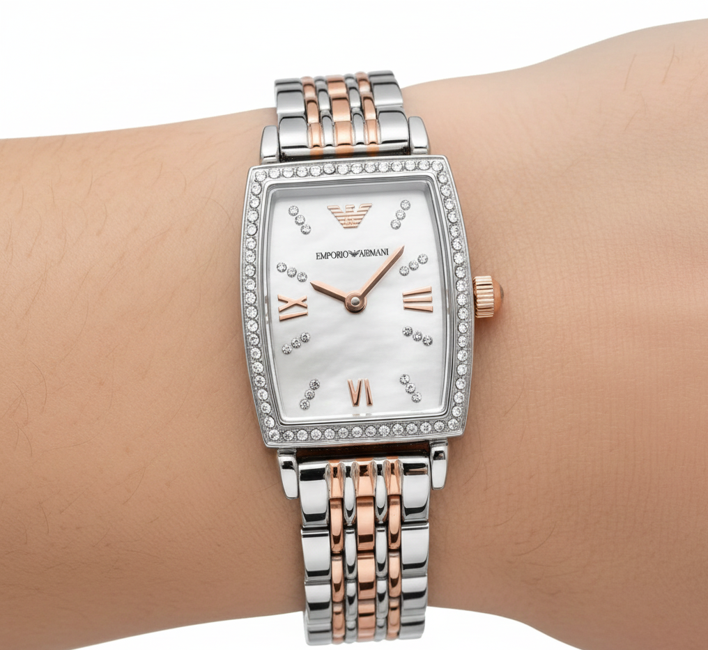 Emporio Armani Signature AR11519 26mm Women's Quartz Watch – Mother-of-Pearl Crystal-Set & Two-Tone Silver and Rose Gold Stainless Steel Bracelet