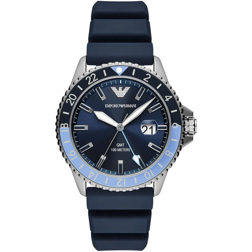 Emporio Armani Diver AR11592 43mm Men's Quartz Watch – Blue Sunray & Blue Rubber Strap