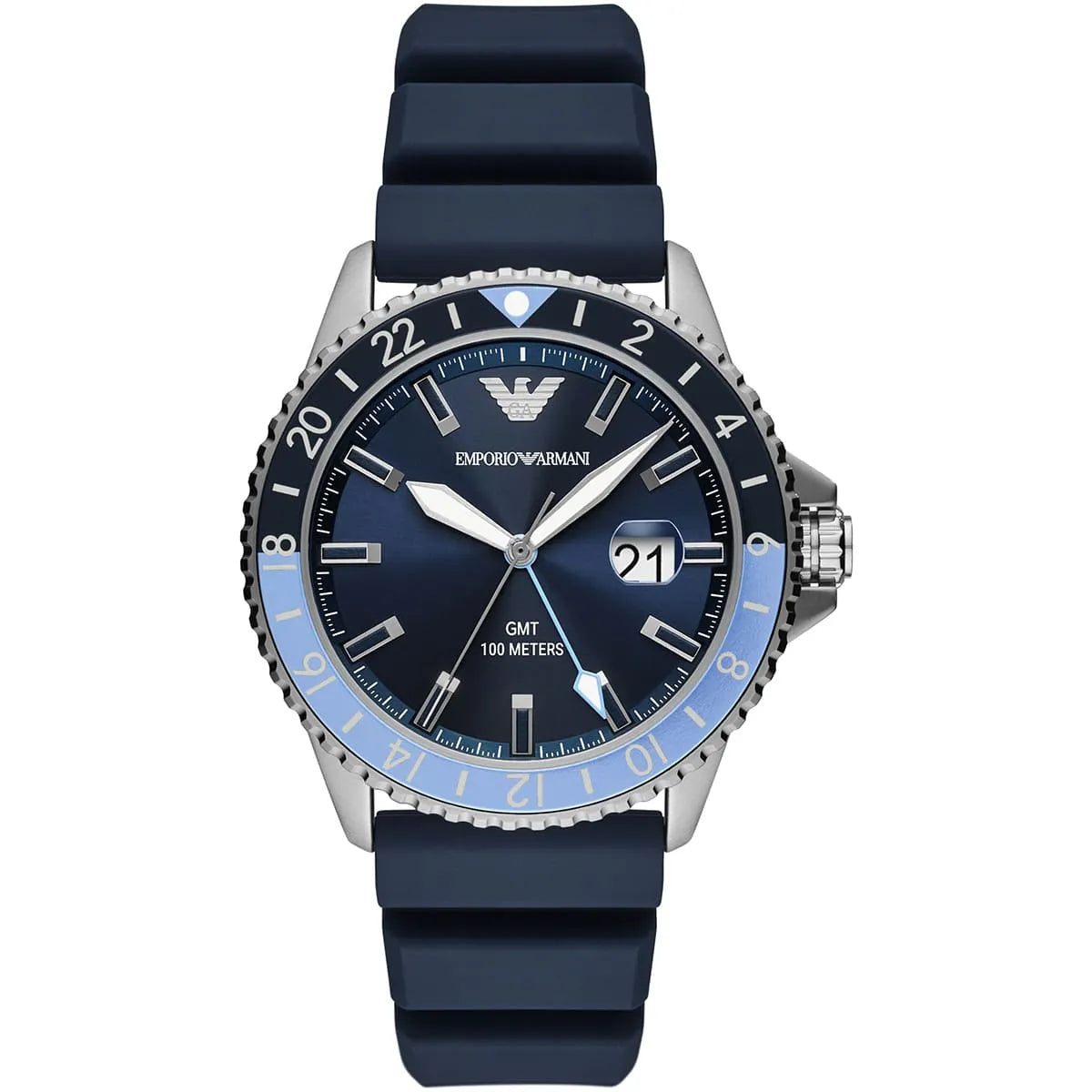 Emporio Armani Diver AR11592 43mm Men's Quartz Watch – Blue Sunray & Blue Rubber Strap