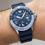 Emporio Armani Diver AR11592 43mm Men's Quartz Watch – Blue Sunray & Blue Rubber Strap