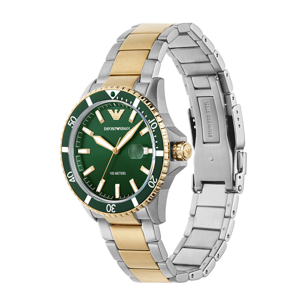 Emporio Armani Diver AR80063 43mm Men's Quartz Watch – Emerald Green Sunray & Two-Tone Stainless Steel Bracelet