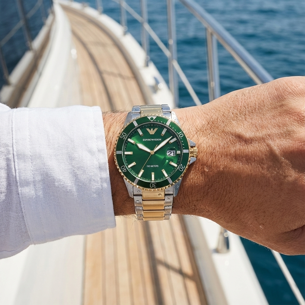 Emporio Armani Diver AR80063 43mm Men's Quartz Watch – Emerald Green Sunray & Two-Tone Stainless Steel Bracelet