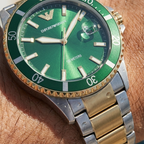 Emporio Armani Diver AR80063 43mm Men's Quartz Watch – Emerald Green Sunray & Two-Tone Stainless Steel Bracelet