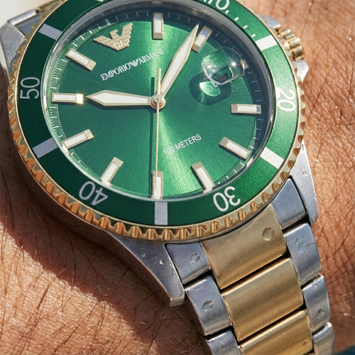 Emporio Armani Diver AR80063 43mm Men's Quartz Watch – Emerald Green Sunray & Two-Tone Stainless Steel Bracelet