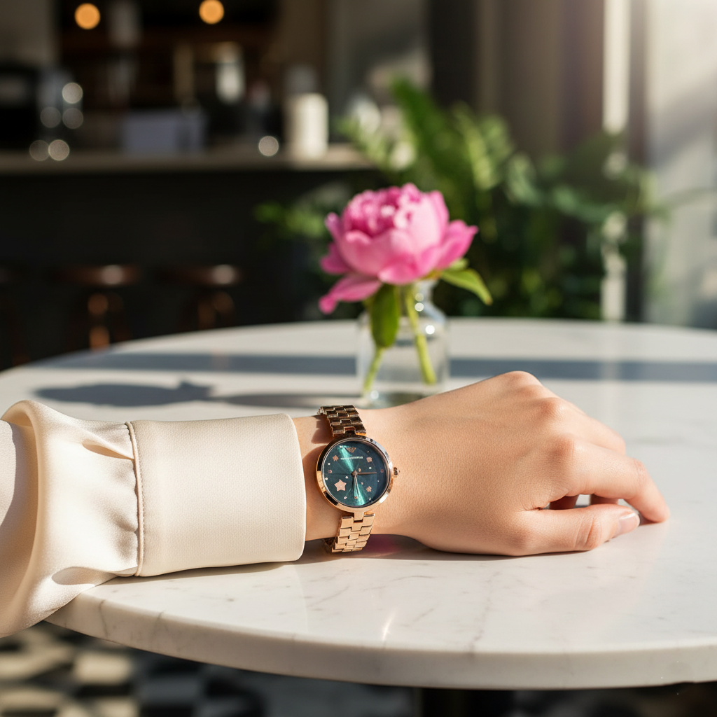 Emporio Armani Arianna AR11197 32mm Women's Quartz Watch – Mother-of-Pearl Crystal-Set & Rose Gold Genuine Leather Strap