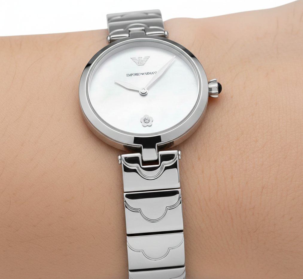 Emporio Armani Arianna AR11235 32mm Women's Quartz Watch – Mother-of-Pearl Floral & Silver Stainless Steel Mesh Bracelet