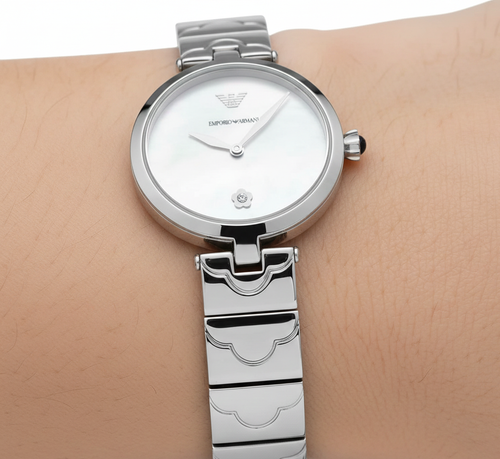 Emporio Armani Arianna AR11235 32mm Women's Quartz Watch – Mother-of-Pearl Floral & Silver Stainless Steel Mesh Bracelet