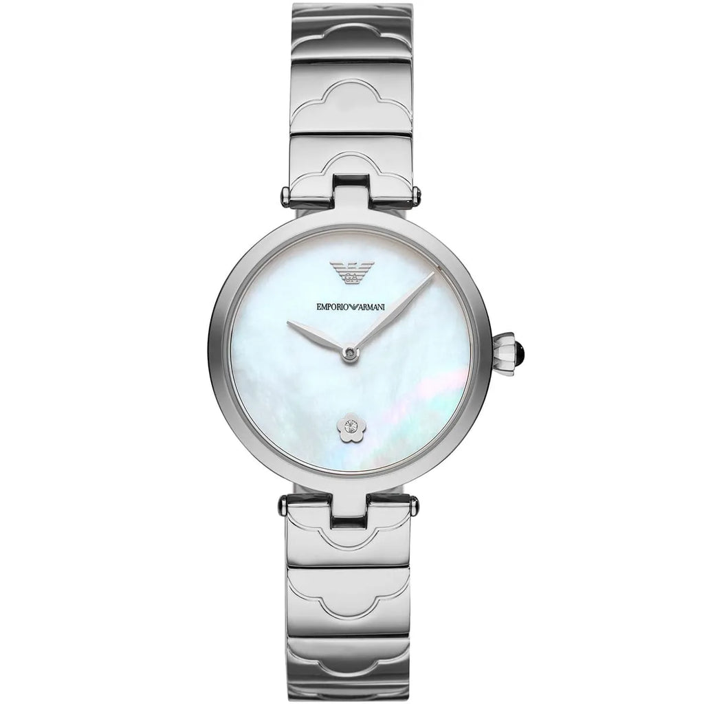 Emporio Armani Arianna AR11235 32mm Women's Quartz Watch – Mother-of-Pearl Floral & Silver Stainless Steel Mesh Bracelet