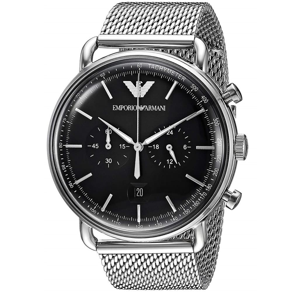 Emporio Armani Aviator AR11104 43mm Men's Chronograph Watch – Black & Silver Genuine Leather Strap