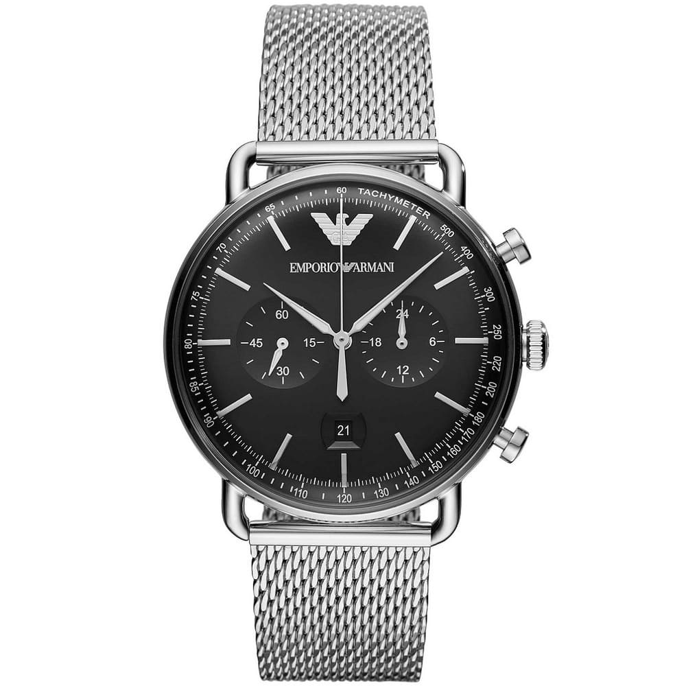 Emporio Armani Aviator AR11104 43mm Men's Chronograph Watch – Black & Silver Genuine Leather Strap