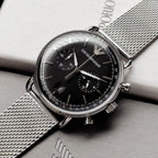 Emporio Armani Aviator AR11104 43mm Men's Chronograph Watch – Black & Silver Genuine Leather Strap