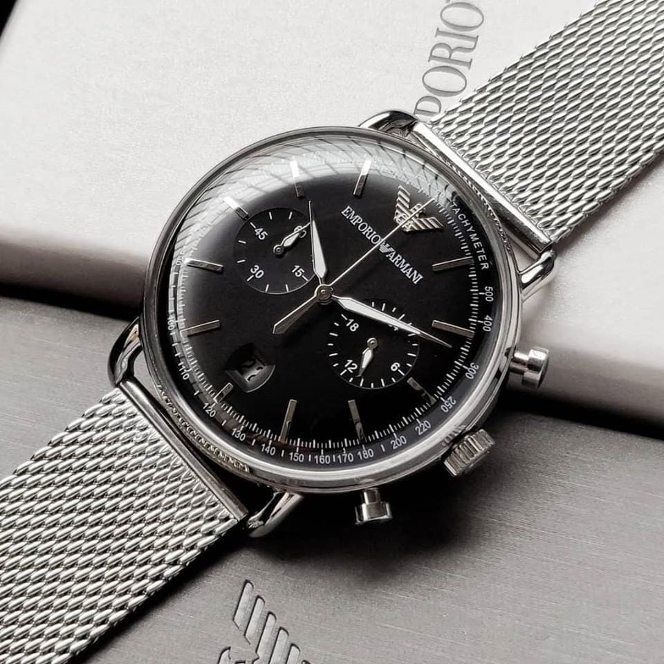 Emporio Armani Aviator AR11104 43mm Men's Chronograph Watch – Black & Silver Genuine Leather Strap