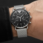 Emporio Armani Aviator AR11104 43mm Men's Chronograph Watch – Black & Silver Genuine Leather Strap