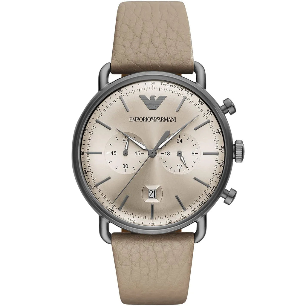Emporio Armani Aviator AR11107 43mm Men's Chronograph Watch – Beige Sunray & Gunmetal Genuine Leather Strap