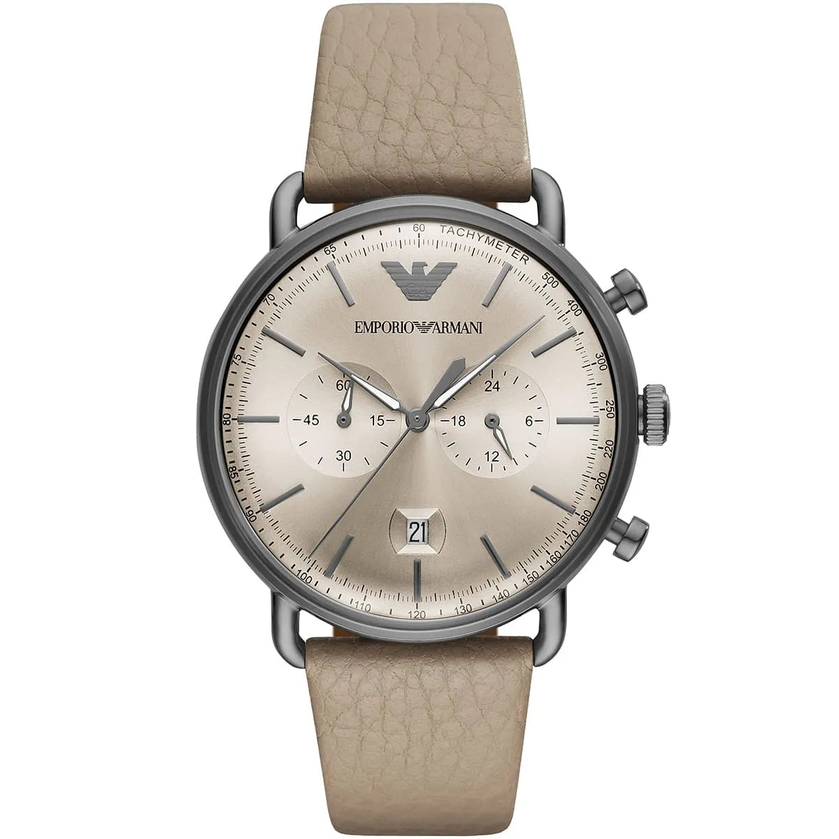 Emporio Armani Aviator AR11107 43mm Men's Chronograph Watch – Beige Sunray & Gunmetal Genuine Leather Strap