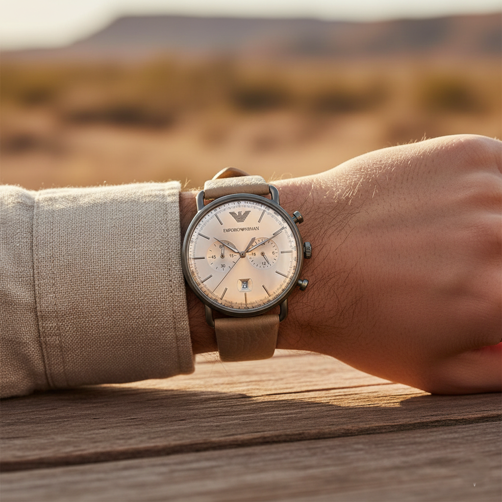 Emporio Armani Aviator AR11107 43mm Men's Chronograph Watch – Beige Sunray & Gunmetal Genuine Leather Strap