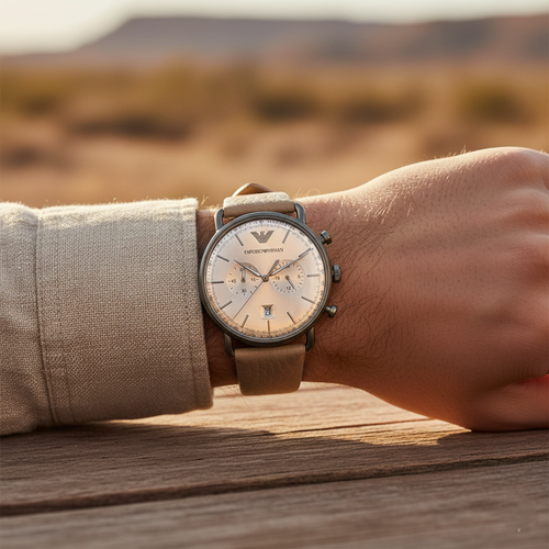 Emporio Armani Aviator AR11107 43mm Men's Chronograph Watch – Beige Sunray & Gunmetal Genuine Leather Strap
