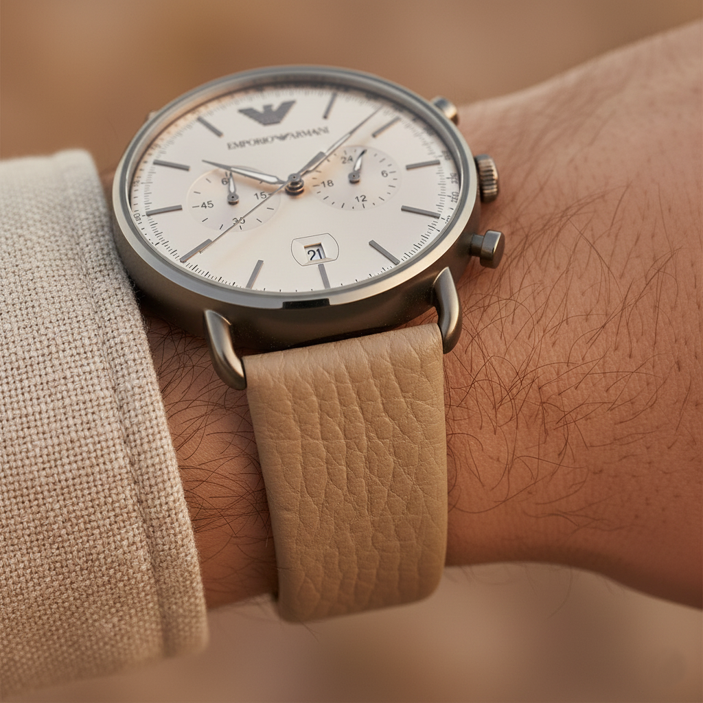 Emporio Armani Aviator AR11107 43mm Men's Chronograph Watch – Beige Sunray & Gunmetal Genuine Leather Strap
