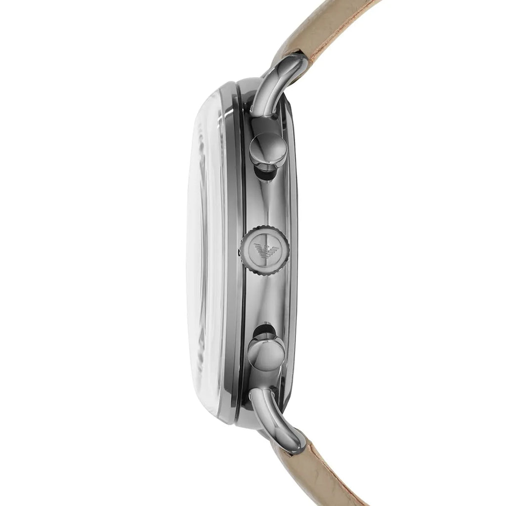 Emporio Armani Aviator AR11107 43mm Men's Chronograph Watch – Beige Sunray & Gunmetal Genuine Leather Strap