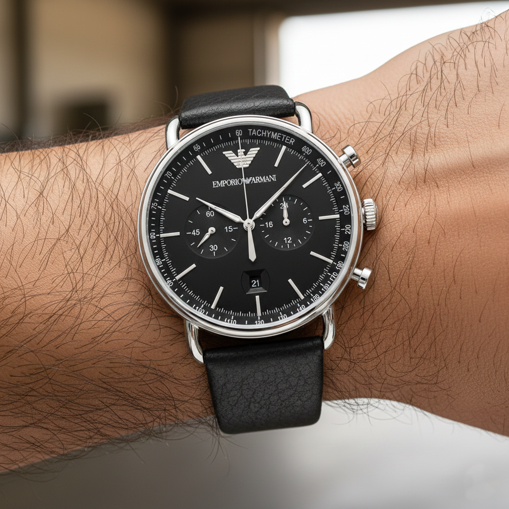 Emporio Armani Aviator AR11143 Men's Chronograph Watch – Black & Black Genuine Leather Strap