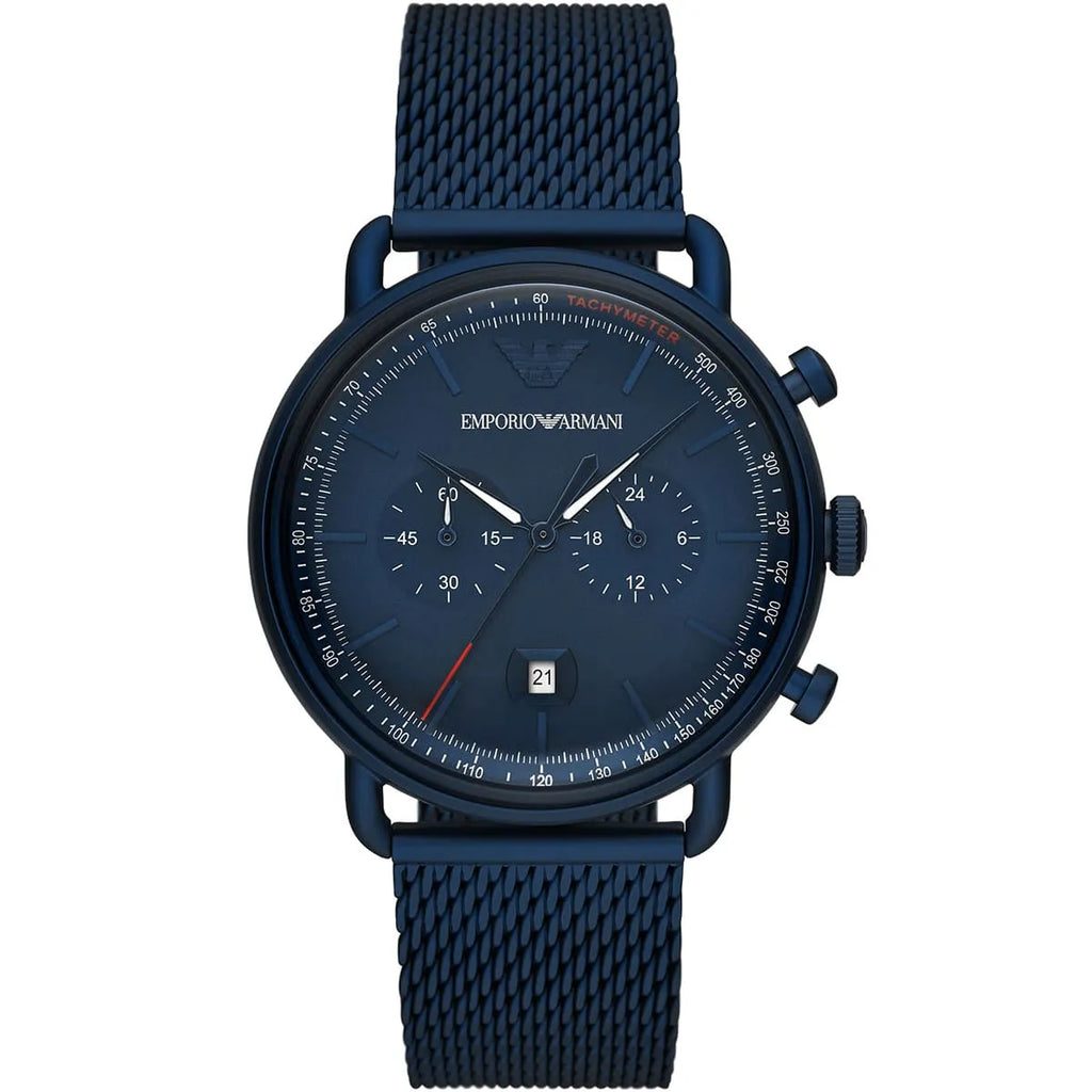 Emporio Armani Aviator AR11289 43mm Men's Chronograph Watch – Blue & Blue Stainless Steel Mesh Bracelet