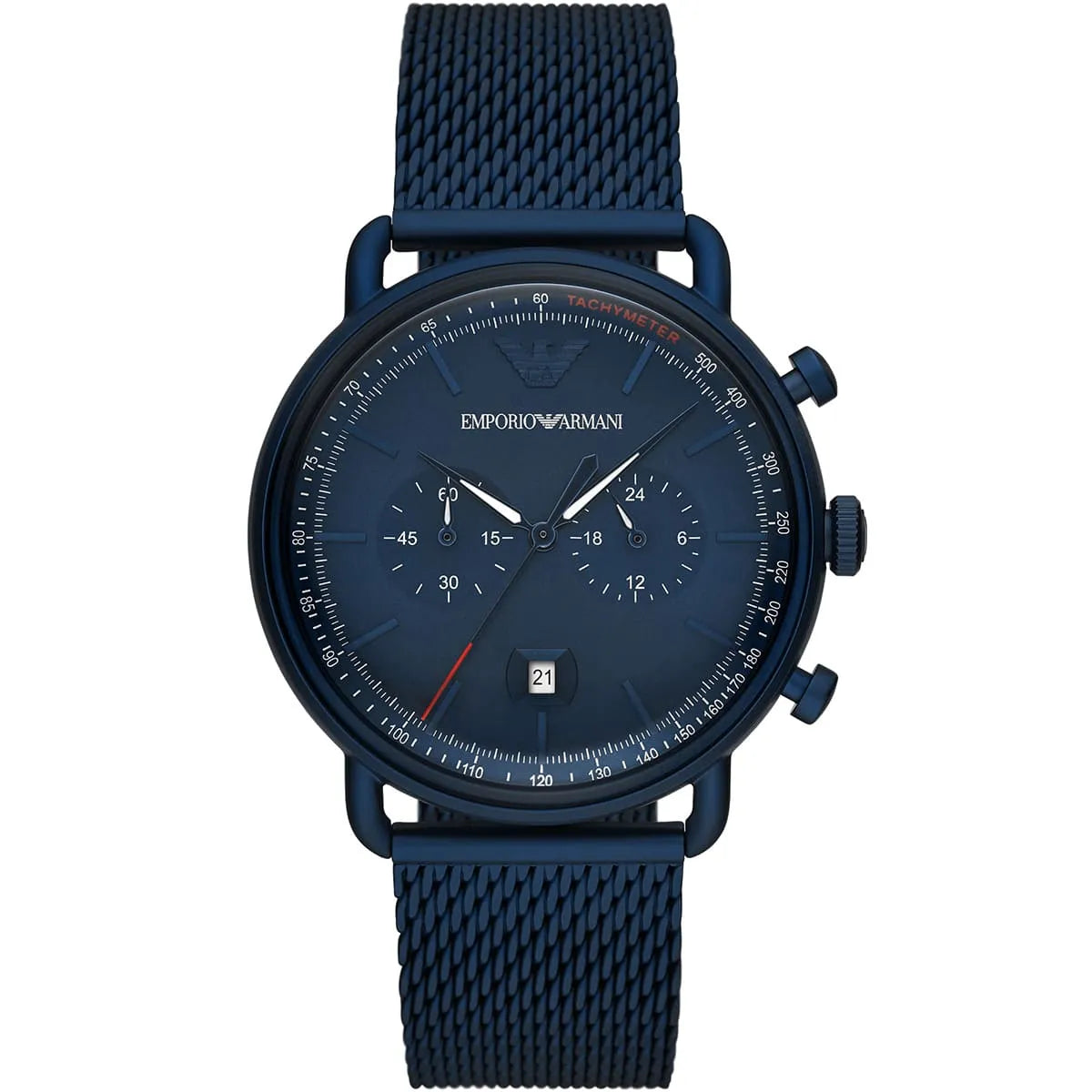 Emporio Armani Aviator AR11289 43mm Men's Chronograph Watch – Blue & Blue Stainless Steel Mesh Bracelet