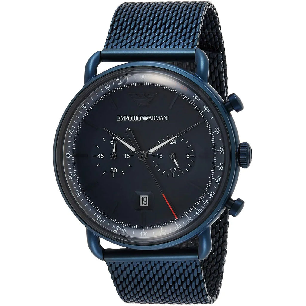 Emporio Armani Aviator AR11289 43mm Men's Chronograph Watch – Blue & Blue Stainless Steel Mesh Bracelet