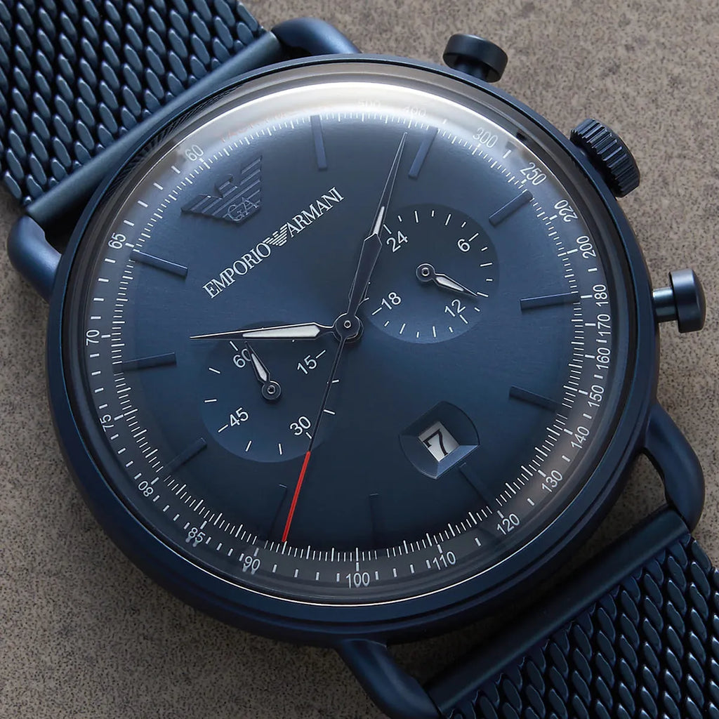 Emporio Armani Aviator AR11289 43mm Men's Chronograph Watch – Blue & Blue Stainless Steel Mesh Bracelet