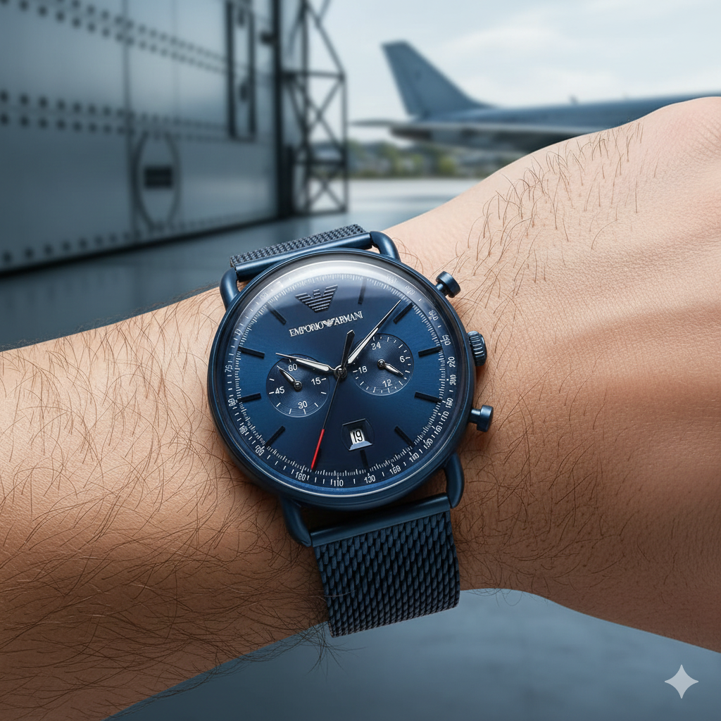 Emporio Armani Aviator AR11289 43mm Men's Chronograph Watch – Blue & Blue Stainless Steel Mesh Bracelet