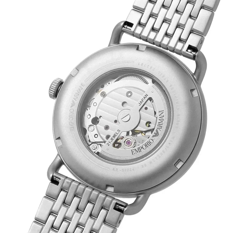 Emporio Armani Aviator AR60024 43mm Men's Automatic Watch – Blue Skeleton & Silver Stainless Steel Mesh Bracelet