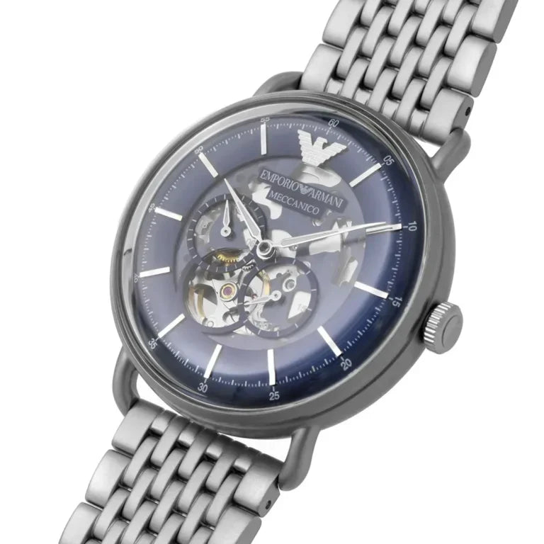 Emporio Armani Aviator AR60024 43mm Men's Automatic Watch – Blue Skeleton & Silver Stainless Steel Mesh Bracelet