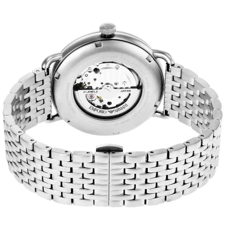 Emporio Armani Aviator AR60024 43mm Men's Automatic Watch – Blue Skeleton & Silver Stainless Steel Mesh Bracelet