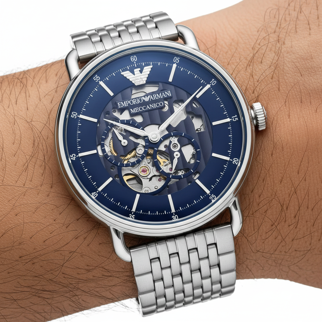Emporio Armani Aviator AR60024 43mm Men's Automatic Watch – Blue Skeleton & Silver Stainless Steel Mesh Bracelet